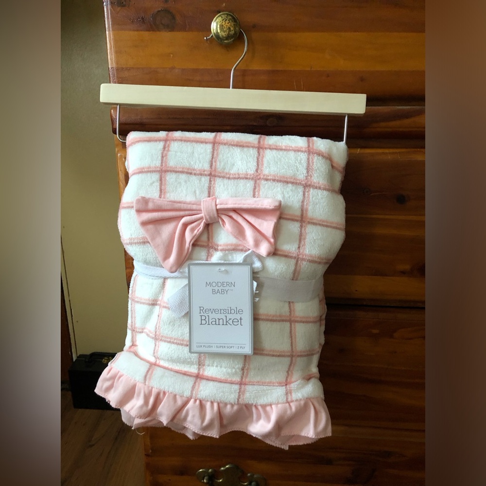 Modern Baby Pink and White Plaid Reversible Blanket